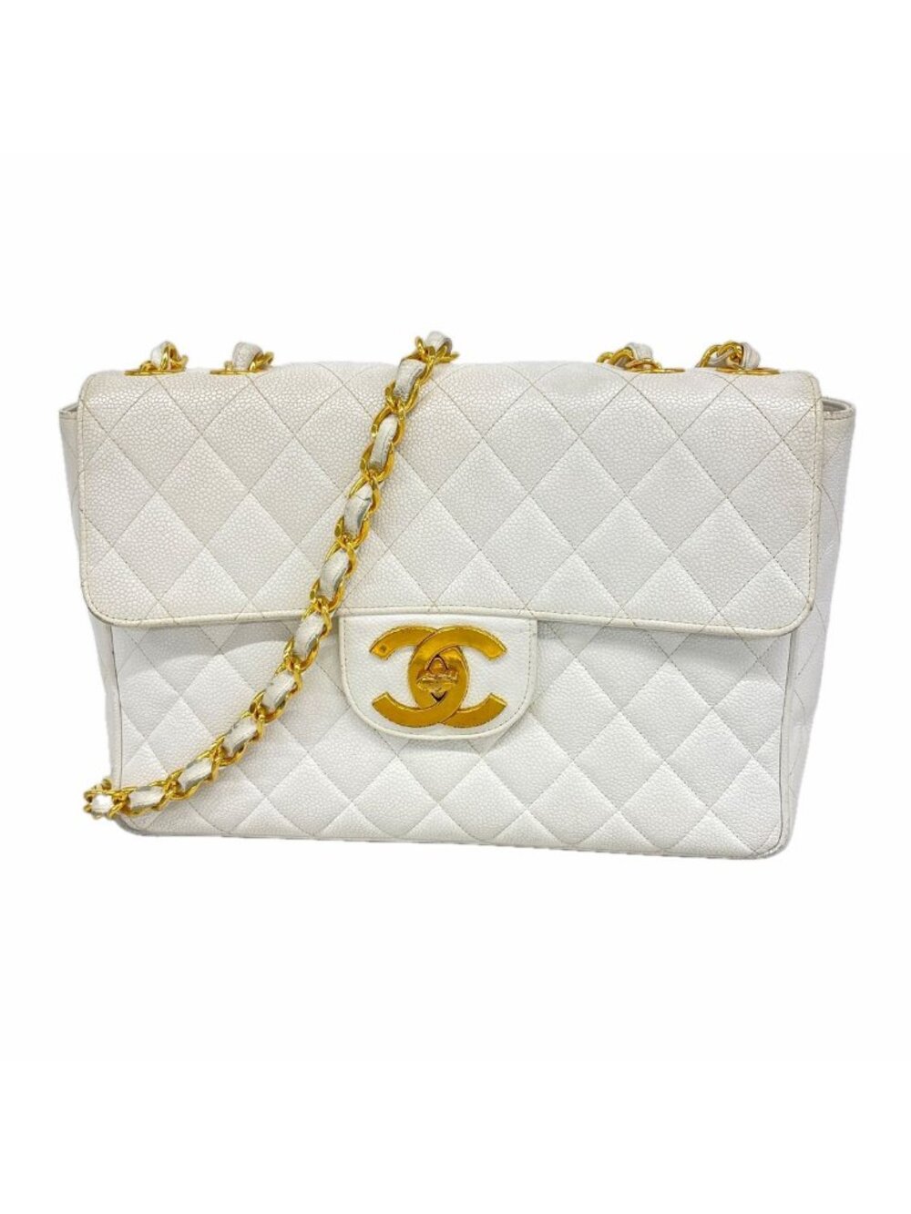 Chanel Shoulder Bag Maxi Quilted Caviar Leather White Gold
